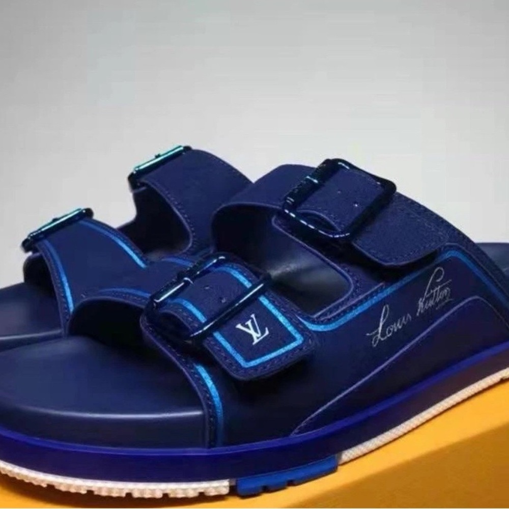 AUTHENTIC Louis Vuitton Blue Monogram-Embossed Suede Calf Leather  Trainer Mule